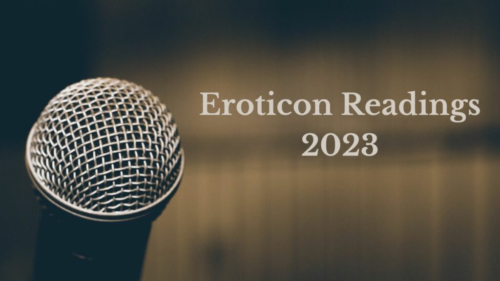 picture of microphone with words eroticon readings 2023 next to it