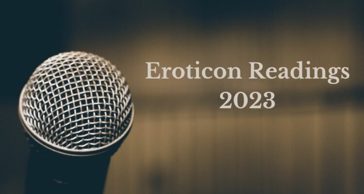 picture of microphone with words eroticon readings 2023 next to it
